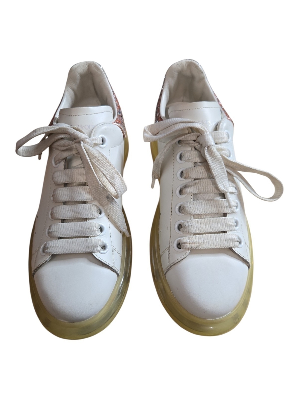 Alexander McQueen Oversized White Leather Glitter Heel Sneakers